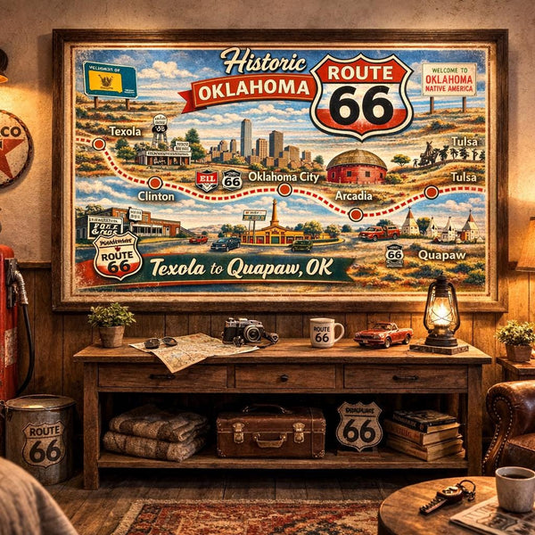 Historic Route 66 Oklahoma Map, Texola to Quapaw Vintage Travel Art (Digital Download)