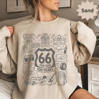 Route 66 100 Years T-Shirts Sweatshirt Vintage Americana Road Trip Doodle Design
