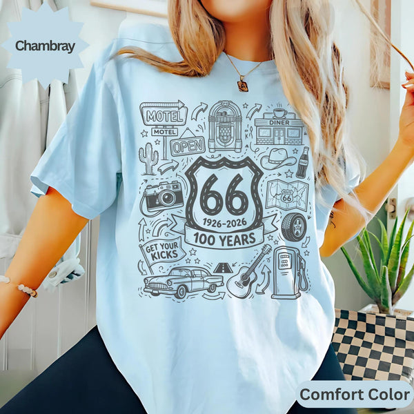Route 66 100 Years T-Shirts Sweatshirt Vintage Americana Road Trip Doodle Design