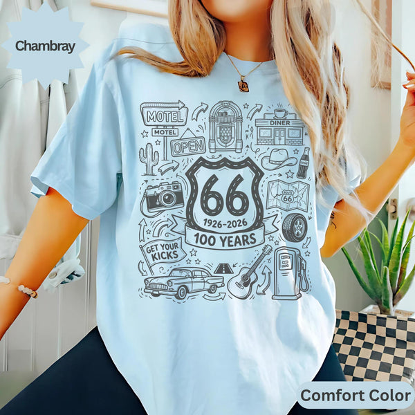 Route 66 100 Years T-Shirts Sweatshirt Vintage Americana Road Trip Doodle Design