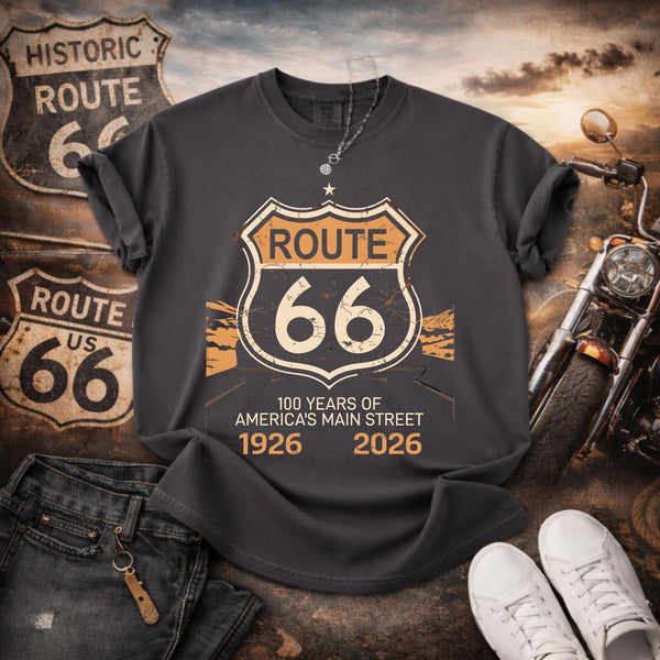 Route 66 100 Years 1926-2026 T-shirt Vintage Highway Shield Graphic Travel Tee Anniversary Shirts