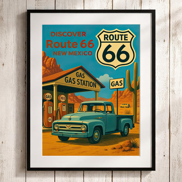 Vintage Route 66 Poster: Retro Ford Truck, New Mexico Travel Art