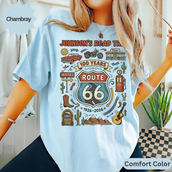 Custom Name Route 66 T-Shirts: Retro Road Trip Centenary, Classic Car Motorcycle Diner