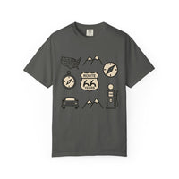 Route 66 icons t shirt vintage road trip graphic tee americana travel shirt retro highway design gift for road trip lovers men unisex tee