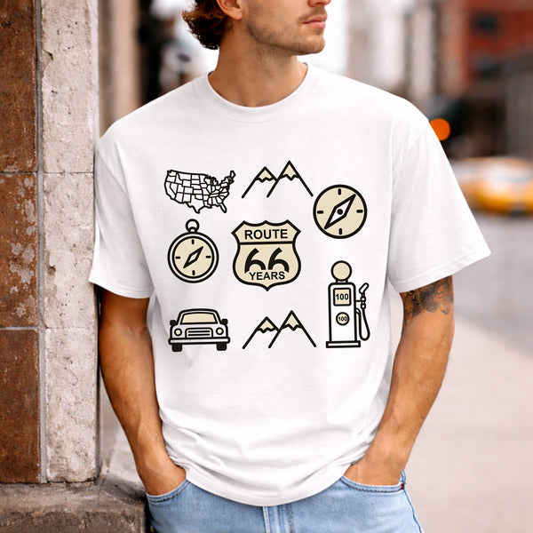 Route 66 icons t shirt vintage road trip graphic tee americana travel shirt retro highway design gift for road trip lovers men unisex tee