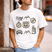 Route 66 icons t shirt vintage road trip graphic tee americana travel shirt retro highway design gift for road trip lovers men unisex tee