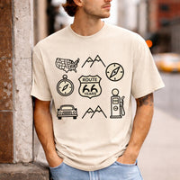 Route 66 icons t shirt vintage road trip graphic tee americana travel shirt retro highway design gift for road trip lovers men unisex tee