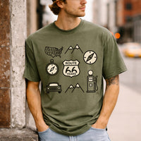 Route 66 icons t shirt vintage road trip graphic tee americana travel shirt retro highway design gift for road trip lovers men unisex tee