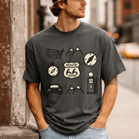 Route 66 icons t shirt vintage road trip graphic tee americana travel shirt retro highway design gift for road trip lovers men unisex tee