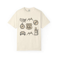 Route 66 icons t shirt vintage road trip graphic tee americana travel shirt retro highway design gift for road trip lovers men unisex tee