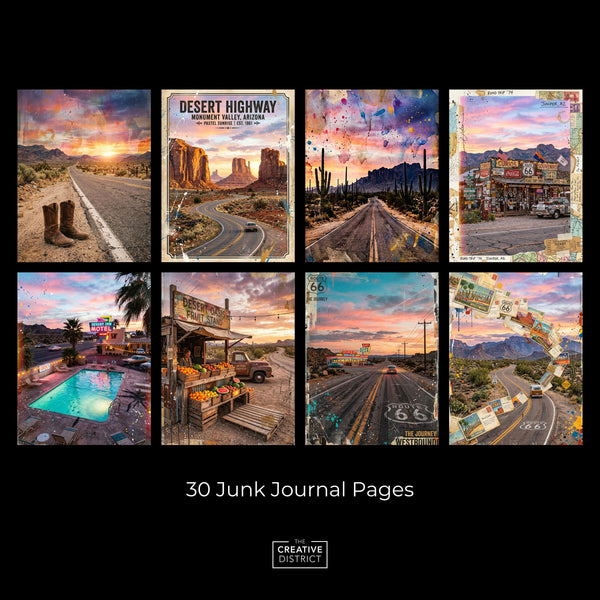 Travel Junk Journal Pages, American Road Trip Printables, Route 66 Digital Paper, Retro Desert Highway Vintage Travel Journal Kit