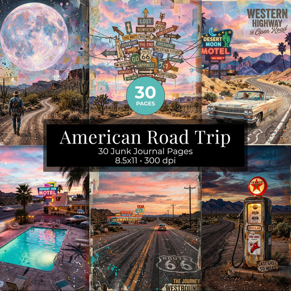 Travel Junk Journal Pages, American Road Trip Printables, Route 66 Digital Paper, Retro Desert Highway Vintage Travel Journal Kit