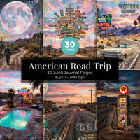 Travel Junk Journal Pages, American Road Trip Printables, Route 66 Digital Paper, Retro Desert Highway Vintage Travel Journal Kit
