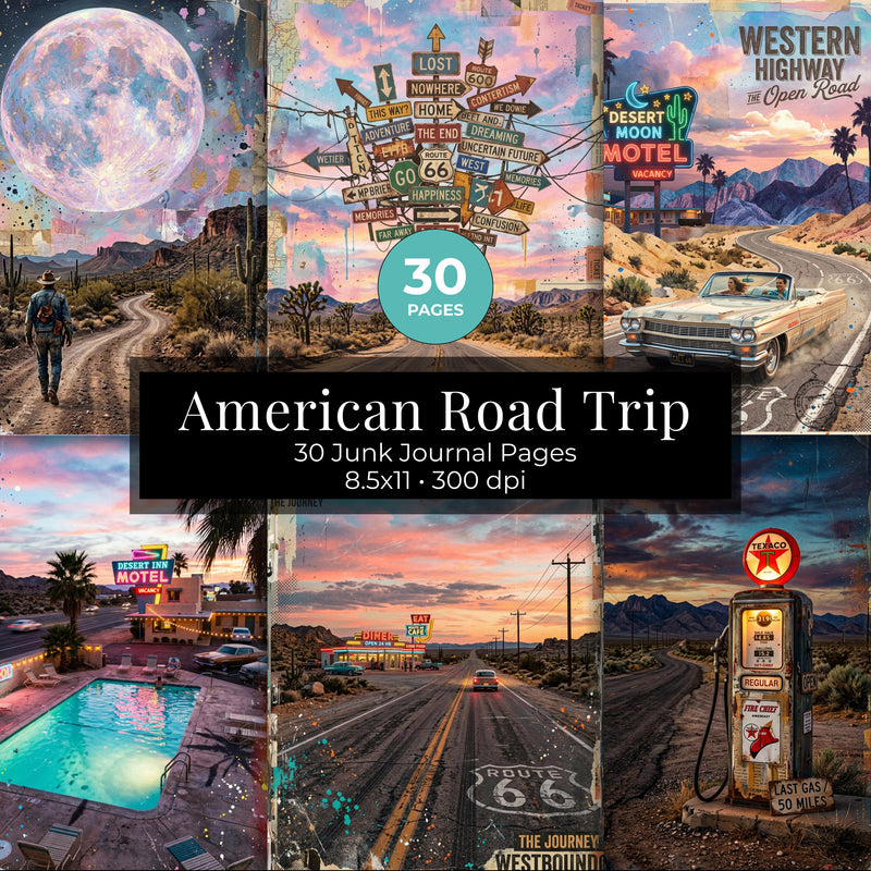 Travel Junk Journal Pages, American Road Trip Printables, Route 66 Digital Paper, Retro Desert Highway Vintage Travel Journal Kit