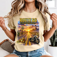 Route 66 Graphic Tee, Vintage Motorcycle Desert Road Trip Shirt