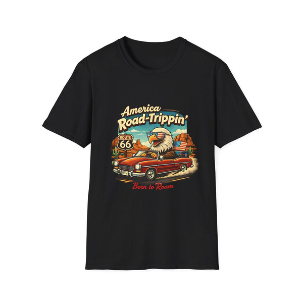 America Road-Trippin' Eagle Driving Vintage Car T-Shirt | Route 66 Graphic