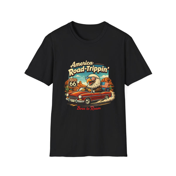 America Road-Trippin' Eagle Driving Vintage Car T-Shirt | Route 66 Graphic