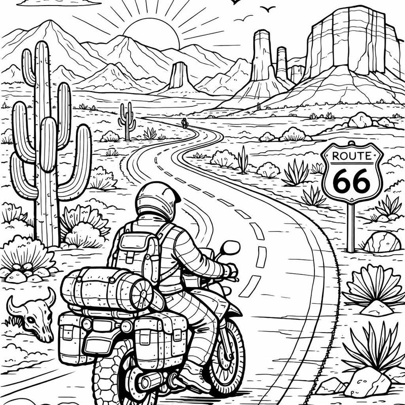 Route 66 Motorcycle Coloring Page Printable, Desert Road Trip Adventure, Travel Coloring Sheet, Instant Download, Motorcycle PDF Printable