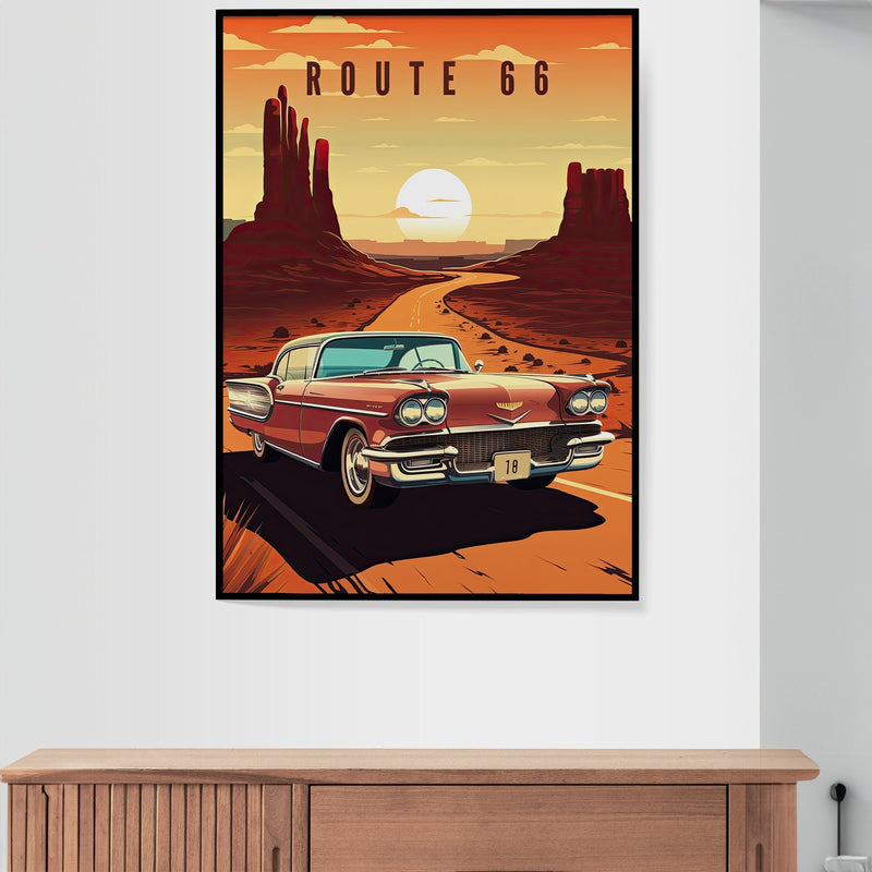 Route 66 Vintage Car Poster, Desert Road Trip Wall Art (Digital Download)