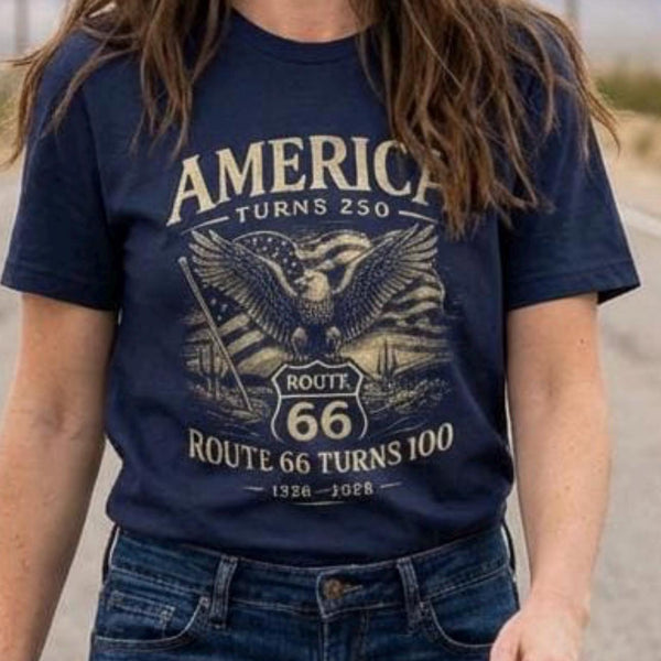America 250 Shirt Route 66 100 Vintage Patriotic Eagle Tee 1776 2026 USA Retro Distressed Route 66 Shirt Americana Tee