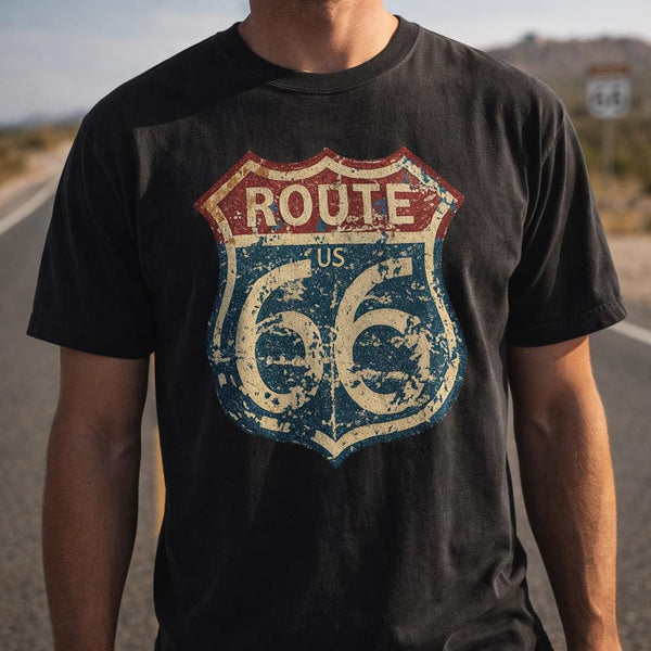 Vintage Route 66 Distressed T Shirt, Retro Road Trip Tee, Unisex Americana Graphic Shirt, Historic Highway Travel Gift, Black Vintage Tee
