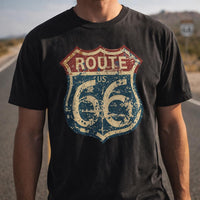 Vintage Route 66 Distressed T Shirt, Retro Road Trip Tee, Unisex Americana Graphic Shirt, Historic Highway Travel Gift, Black Vintage Tee