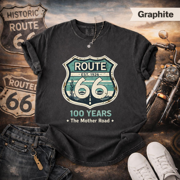 Route 66 Centennial tee 100 Vintage Retro Teal Sunset Desert Cactus Graphic Mens Road Trip T-Shirt 1926 2026 Route 66 Shirts