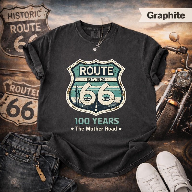 Route 66 Centennial tee 100 Vintage Retro Teal Sunset Desert Cactus Graphic Mens Road Trip T-Shirt 1926 2026 Route 66 Shirts