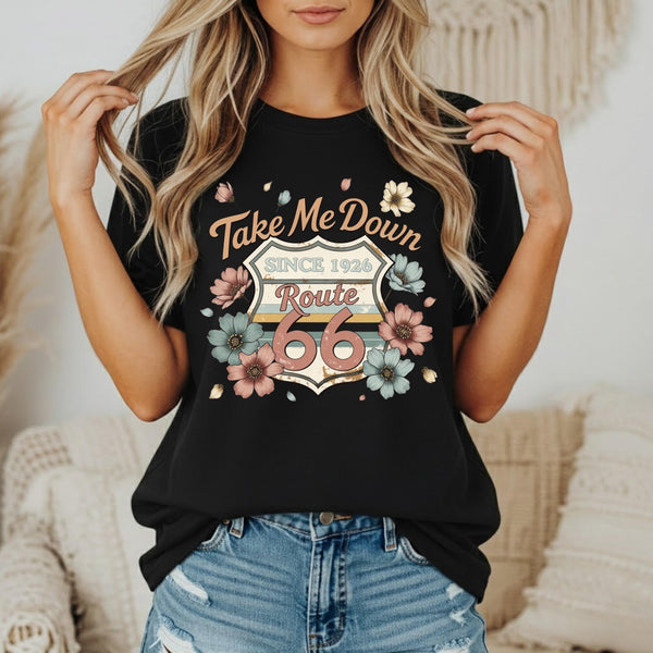 Route 66 Road Trip Shirt Take Me Down Route 66 Tee Vintage Floral Travel Shirt USA Highway 66 Gift Comfort Colors Graphic Tee