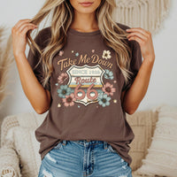 Route 66 Road Trip Shirt Take Me Down Route 66 Tee Vintage Floral Travel Shirt USA Highway 66 Gift Comfort Colors Graphic Tee