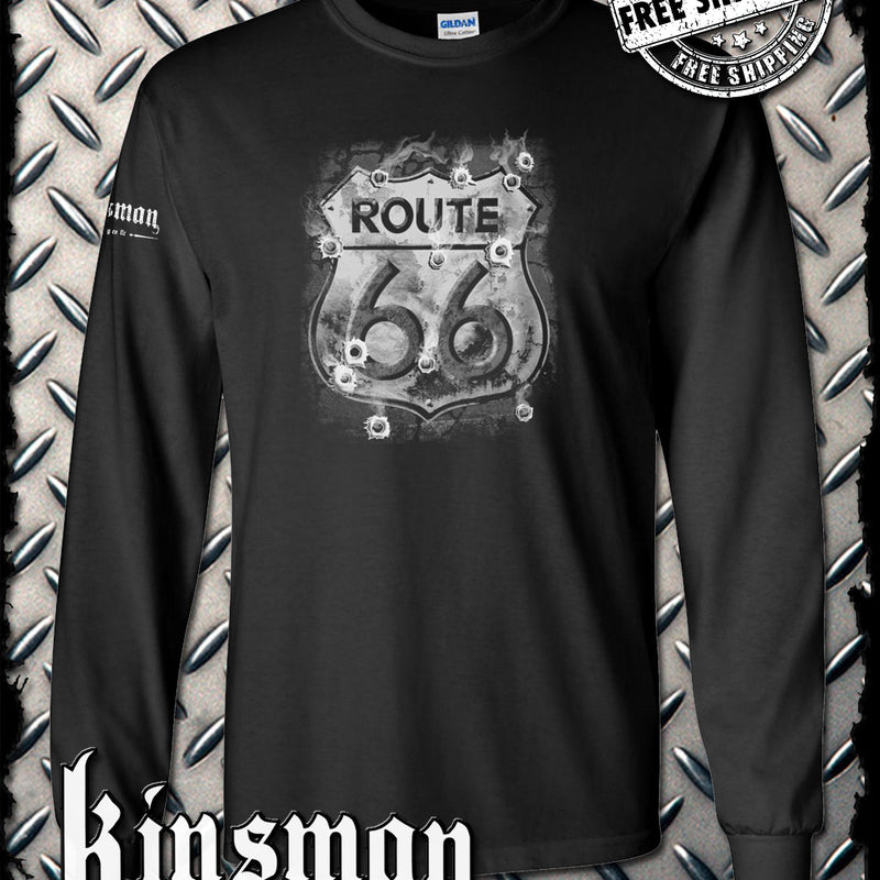 Route 66 Long Sleeve T-Shirt - Smoking Sign with Bullet Holes
