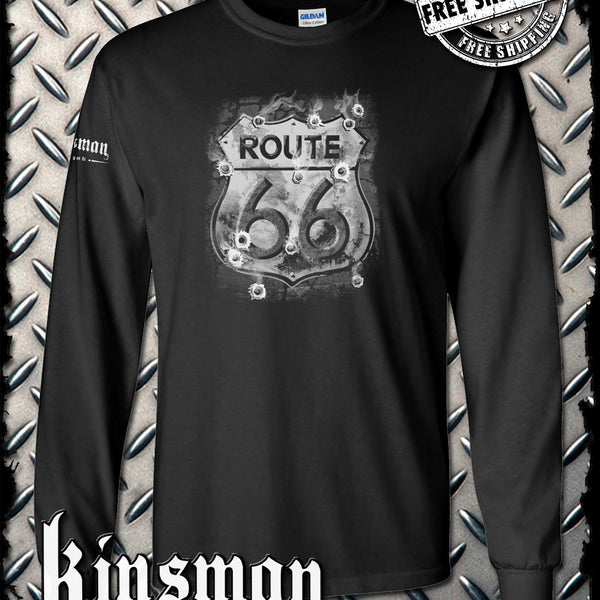 Route 66 Long Sleeve T-Shirt - Smoking Sign with Bullet Holes