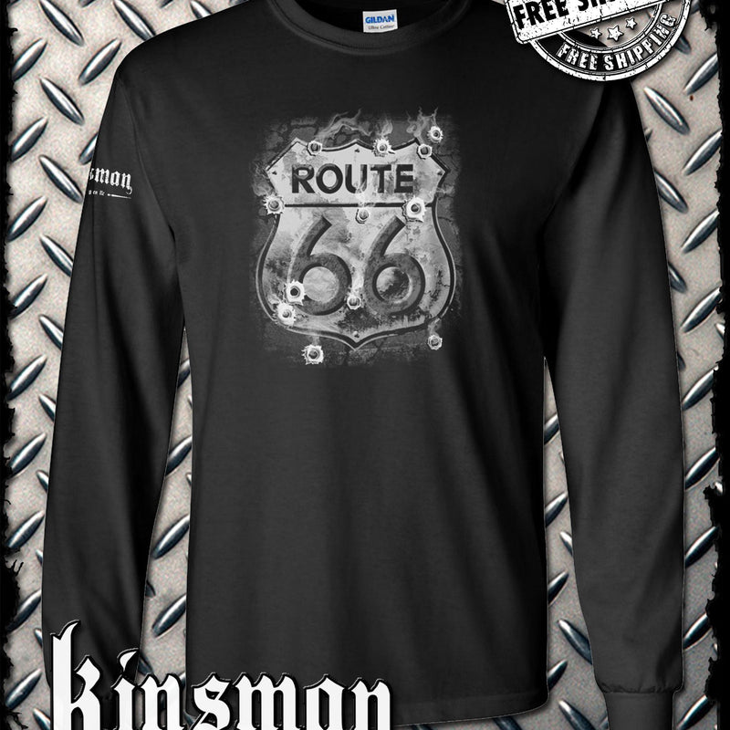 Route 66 Long Sleeve T-Shirt - Smoking Sign with Bullet Holes
