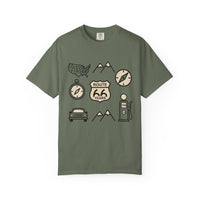 Route 66 icons t shirt vintage road trip graphic tee americana travel shirt retro highway design gift for road trip lovers men unisex tee