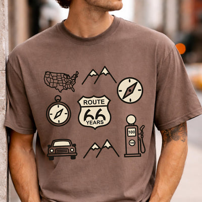 Route 66 icons t shirt vintage road trip graphic tee americana travel shirt retro highway design gift for road trip lovers men unisex tee