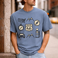 Route 66 icons t shirt vintage road trip graphic tee americana travel shirt retro highway design gift for road trip lovers men unisex tee