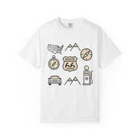Route 66 icons t shirt vintage road trip graphic tee americana travel shirt retro highway design gift for road trip lovers men unisex tee