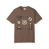 Route 66 icons t shirt vintage road trip graphic tee americana travel shirt retro highway design gift for road trip lovers men unisex tee