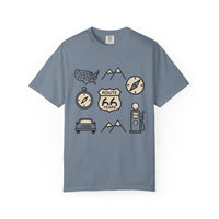 Route 66 icons t shirt vintage road trip graphic tee americana travel shirt retro highway design gift for road trip lovers men unisex tee