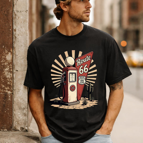 Route 66 Centennial Shirt Vintage Gas Pump Tee Desert Road Trip Shirt Mens Retro Travel T-Shirt 100 Years 1926 2026 Gift For Him