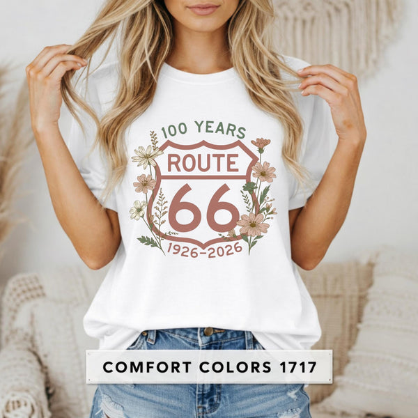 100 Years Route 66 Floral Shield T-shirt | Anniversary Tee Road Trip Shirts Route 66 tee