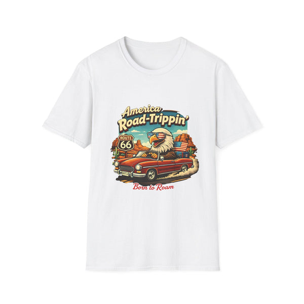 America Road-Trippin' Eagle Driving Vintage Car T-Shirt | Route 66 Graphic