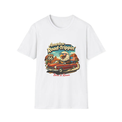 America Road-Trippin' Eagle Driving Vintage Car T-Shirt | Route 66 Graphic