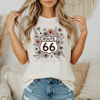 Route 66 T-Shirts, Floral Shield T-shirt | Retro Highway Sign with Wildflowers, Road Trip Tee's