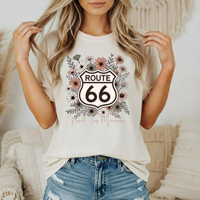 Route 66 T-Shirts, Floral Shield T-shirt | Retro Highway Sign with Wildflowers, Road Trip Tee's