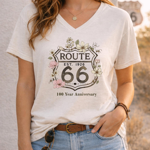 Route 66 Floral Shirt Vintage Highway Tee 100 Year Anniversary Shirt Boho Route 66 Graphic Tee Road Trip Gift