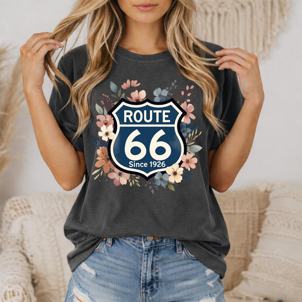 Route 66 Floral Shield T-Shirt Vintage Highway Sign Tee Road Trip Gift for her