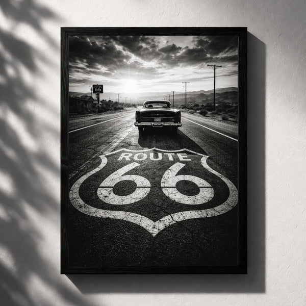 Route 66 Vintage Car Black and White Poster, American Road Trip Wall Art