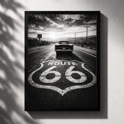 Route 66 Vintage Car Black and White Poster, American Road Trip Wall Art