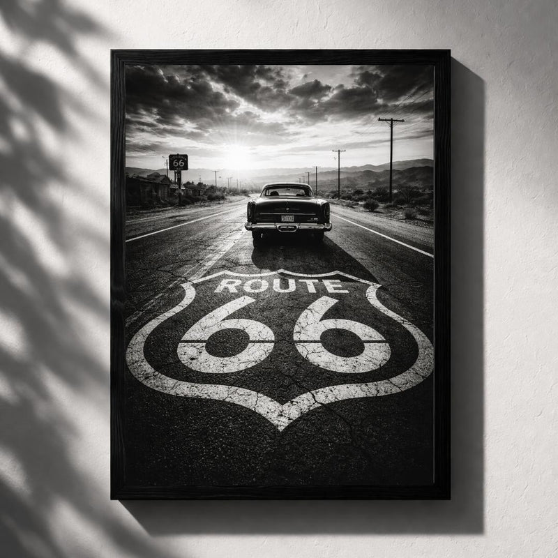 Route 66 Vintage Car Black and White Poster, American Road Trip Wall Art